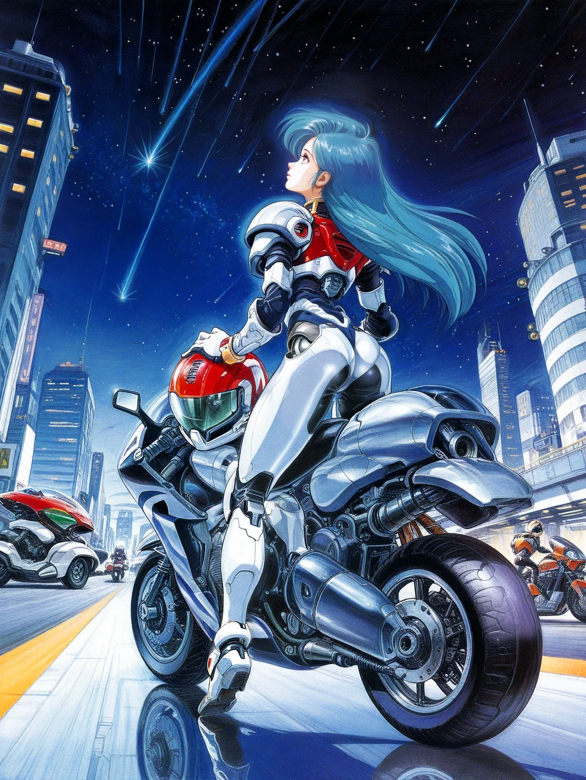 <lora:RetroGameArt:1> retro game art, traditional media, detailed texture, acrylic paint (medium) <lora:contract_controller_illus01_v1:-0.4>
masterpiece, best quality, amazing quality, absurdres,
holding helmet, looking up, chrome, reflections, long hair, 1girl, blue hair, science fiction, ground vehicle, ass, city, motorcycle, solo focus, motor vehicle, gloves, space, bodysuit, android, armor, mecha, building, solo, riding, from behind,