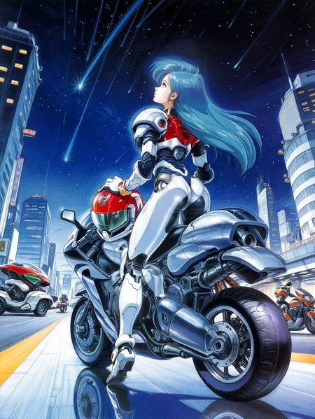 <lora:RetroGameArt:1> retro game art, traditional media, detailed texture, acrylic paint (medium) <lora:contract_controller_illus01_v1:-0.4>
masterpiece, best quality, amazing quality, absurdres,
holding helmet, looking up, chrome, reflections, long hair, 1girl, blue hair, science fiction, ground vehicle, ass, city, motorcycle, solo focus, motor vehicle, gloves, space, bodysuit, android, armor, mecha, building, solo, riding, from behind,