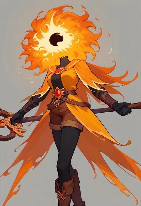 score_9, score_8_up, score_7_up,
lord_of_frenzy, fire head,
holding magic spear,
novakin, faceless, no eyes, no mouth, no nose, no facial features, short fiery yellow orange hair, body made of black plasma,
magical girl outfit, steampunk dress, boots, brown shorts, black tights, medium breasts, belt,
simple background, grey background,
adventure time