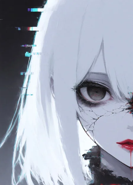 extreme close-up portrait, gothic girl, long white hair, pale skin, smeared dark eyeliner, smeared lipstick, intense stare, looking at viewer, glitch effects, duplicated eye, color separation, static noise textures, digital corruption overlay, cracked-screen aesthetic, soft red highlights, background fading into darkness, expression of sadness and defiance, emotional breakdown energy, surreal, high-detail