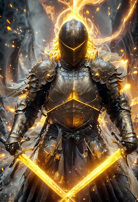 1man, armored samurai in golden samurai armor, wearing samurai helmet and armor, golden fire, wielding dual swords:1.2, brave perspective, reflection, glowing golden fire, golden lightning shatter, , glowing sword, motion blur, emphasis line, outdoor in the darkness, looking at viewer, katanas