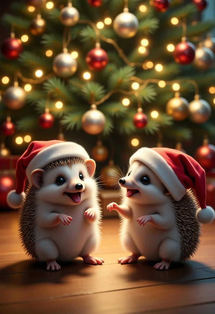 Hedgehogs dancing under the Christmas tree, wearing Christmas hats, Christmas atmosphere, ultra realistic, high quality, masterpiece, extremely detailed, hd, high_detailed, captured in high detail, bo-christmas