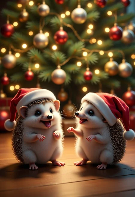 Hedgehogs dancing under the Christmas tree, wearing Christmas hats, Christmas atmosphere, ultra realistic, high quality, masterpiece, extremely detailed, hd, high_detailed, captured in high detail, bo-christmas