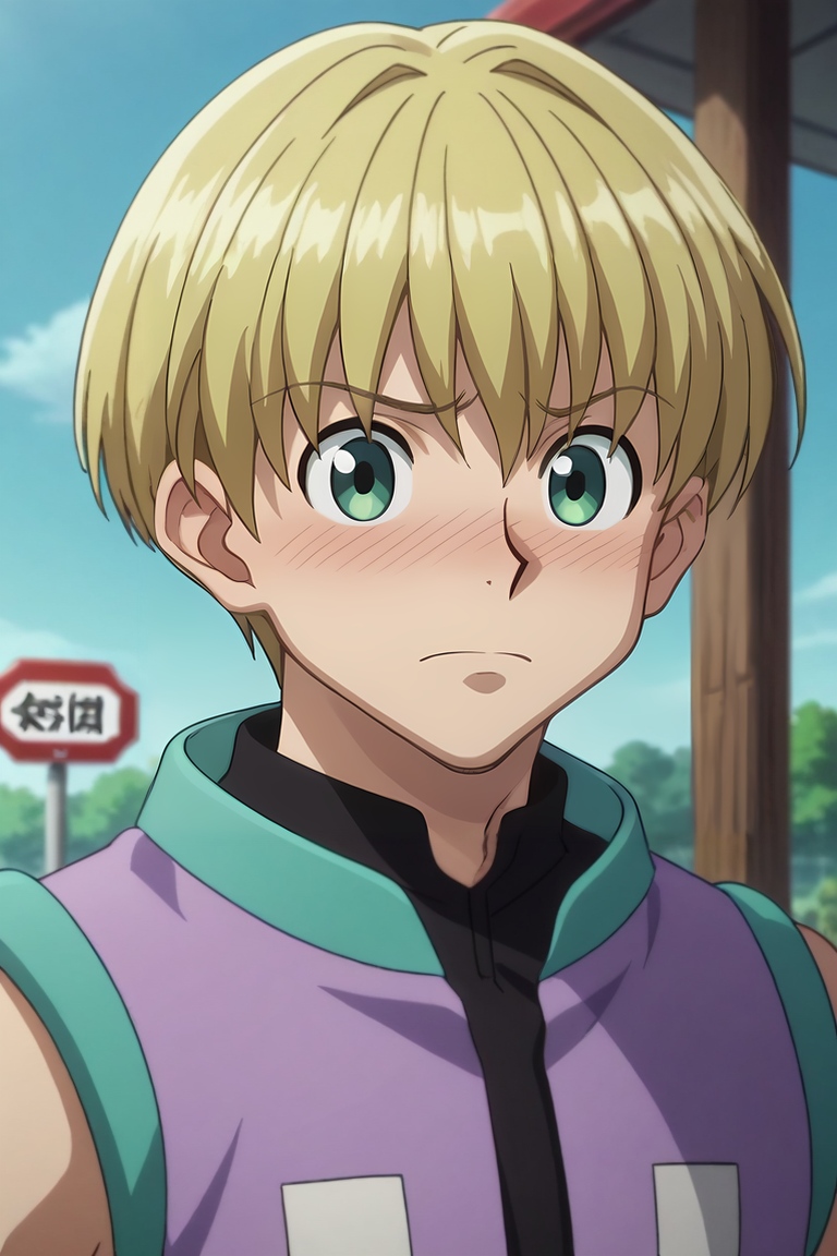 score_9, score_8_up, score_7_up, source_anime, rating_safe, intricate details, anime screencap, , , , , 1boy, solo, male focus, <lora:shalnark_ryuseih_pony:0.78>, shalnark_ryuseih, blonde hair, green eyes, short hair, , asymmetrical, bus stop, day, villain pose, embarrassed, nose blush, , <lora:sdxl_lightning_8step_lora:1>