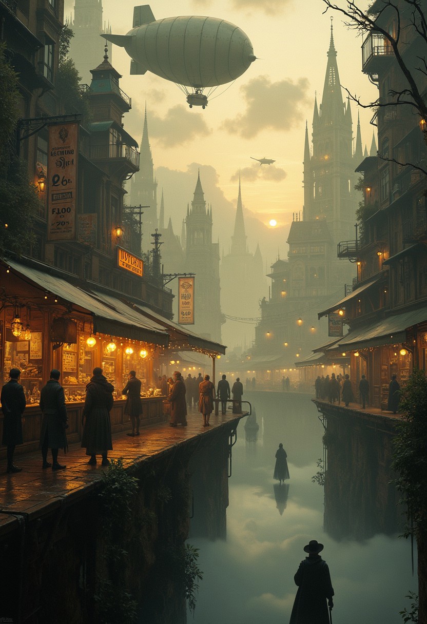 An enigmatic composition bathed in soft, diffused light, blending whispers of surrealism and melancholia. The scene unfolds in a cinematic atmosphere where subtle textures and delicate grains add depth, while the interplay of light and shadow enhances the quiet intensity of the moment. A subdued color palette merges with ethereal haze, evoking a dreamlike quality and timeless stillness. The central subject –A bustling steampunk marketplace floating in the clouds, with airships docked at hovering piers. Vendors in elaborate goggles and brass-adorned outfits sell peculiar wares: clockwork pets, glowing alchemical vials, and intricate mechanical pocket watches. A dirigible-shaped hot air balloon hovers overhead, advertising a grand sky gala. Background: towering spires of a brass city gleaming under a golden sunset.– is delicately framed, their presence balanced between mystery and intimacy. Surrounding elements, rich in symbolic undertones, anchor the narrative in an otherworldly context. Organic details like softly swaying flora or faintly glowing surfaces contrast with stark, haunting figures, creating a juxtaposition that is both poignant and surreal. The composition invites introspection, with negative space amplifying the mood's resonance. Every detail, from the atmospheric depth to the muted highlights, serves to craft an image that feels suspended in an emotional, poetic realm, steeped in quiet nostalgia.
surreal style