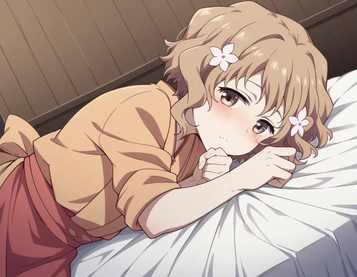 score_9, score_8_up, score_7_up, source_anime,
ohanamatsumae, <lora:ohana-matsumae-s1-ponyxl-lora-nochekaiser:1>,
ohana matsumae, short hair, brown hair, hair ornament, brown eyes, flower, hair flower,
japanese clothes, kimono, apron, sleeves rolled up,
indoors, bed, bed room, on side, blush, drunk,
looking at viewer, cowboy shot, solo, dutch angle,
