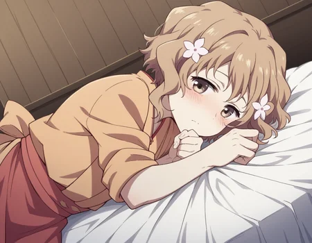 score_9, score_8_up, score_7_up, source_anime,
ohanamatsumae, <lora:ohana-matsumae-s1-ponyxl-lora-nochekaiser:1>,
ohana matsumae, short hair, brown hair, hair ornament, brown eyes, flower, hair flower,
japanese clothes, kimono, apron, sleeves rolled up,
indoors, bed, bed room, on side, blush, drunk,
looking at viewer, cowboy shot, solo, dutch angle,