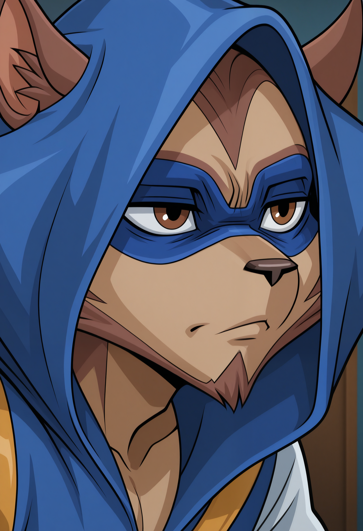 masterpiece,best quality,amazing quality, 1boy, solo, r10ch1, racoon boy, hood up, brown fur, brown eyes, blue eye mask, jumpsuit, close up, side angle,