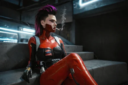 cinematic film still neonpunk style ((Glamour Portrait)),score_9, score_8_up:1.1),score_7_up,1girl, depth of field,
Cyberpunk woman in futuristic red and black bodysuit, sitting casually on ledge at night. Long black hair in high ponytail with shaved sides. Striking makeup with sharp eyeliner and red face paint. Robotic arms and legs visible. Holding lit cigarette in raised hand. Urban nighttime background with neon lights. Confident pose, looking to the side. Sleek, high-tech aesthetic with a mix of shiny and matte textures on the suit. Strong contrast lighting emphasizing red outfit against dark surroundings. 
<lora:cyberpunk_tiger_claws_woman:0.7>
 <lora:d3t41l3dXLP:0.8>d3t41l3d. . cyberpunk, vaporwave, neon, vibes, vibrant, stunningly beautiful, crisp, detailed, sleek, ultramodern, magenta highlights, dark purple shadows, high contrast, cinematic, ultra detailed, intricate, professional . shallow depth of field, vignette, highly detailed, high budget, bokeh, cinemascope, moody, epic, gorgeous, film grain, grainy
