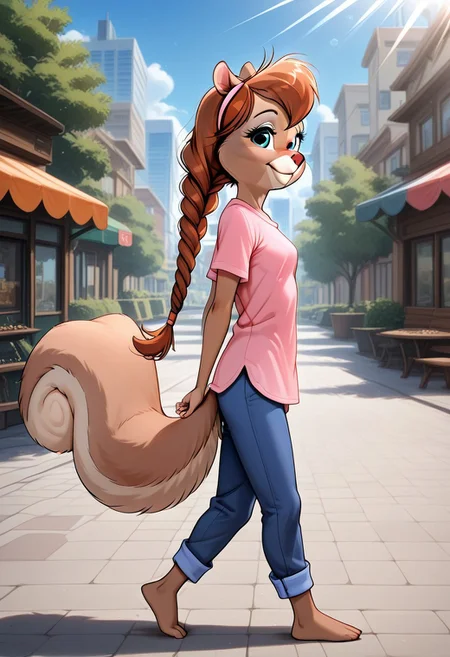score_9, score_8_up, score_7_up
day time, natural light, detailed sun rays, summer, daytime, highly detailed background, city park, break
Semi-anthro, solo, alone, 1girl, squirrel, squirrel girl, squirrel ears, Tammy, long braided hair, small breasts, detailed squirrel legs, detailed barefoot, pink shirt, blue pants, highly detailed face, fluffy fur, BREAK
walking, smile, 3/4 side view, look at viewer