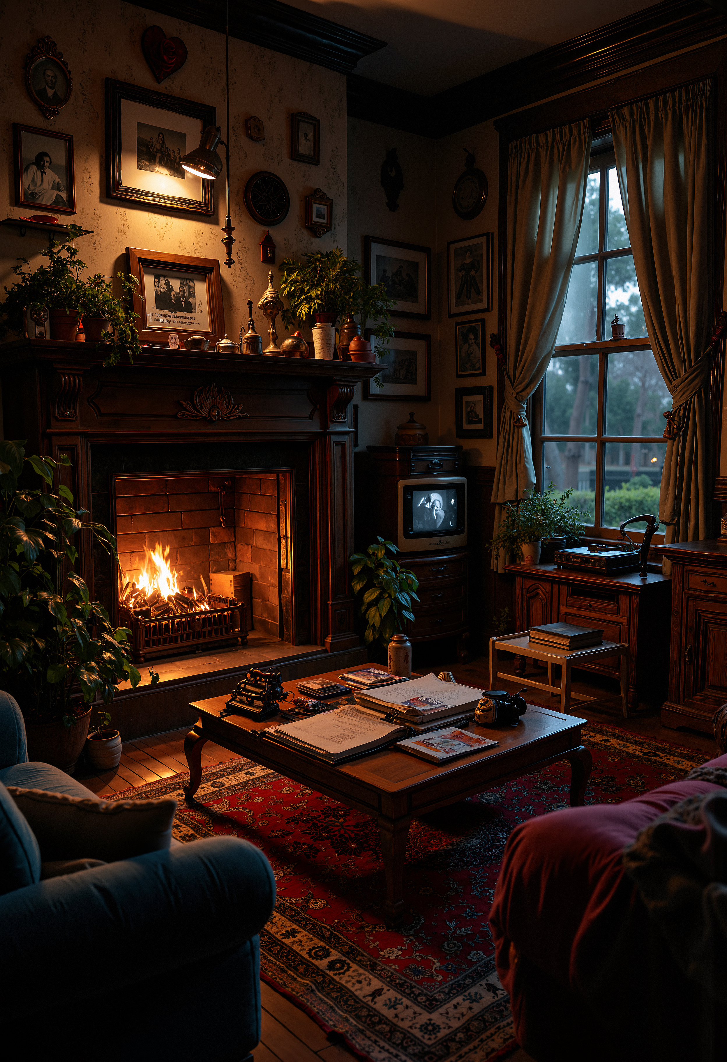 A cozy living room, dimly lit by the warm glow of a fireplace. The room is filled with vintage furniture and soft, worn-out fabrics. A small TV with wood paneling stands in the corner, playing a black-and-white movie. On a coffee table sits an old rotary phone and a collection of worn-out family photo albums. The walls are adorned with faded, framed photographs from decades past, and an old record player spins a nostalgic tune. The atmosphere feels peaceful and full of memories, evoking a deep sense of longing for a simpler time.   <lora:FluxMythP0rtr4itStyle:0.8> MythP0rt, <lora:aidmaImageUpgrader-FLUX-V0.1:0.33> detailmaximizer, <lora:ARTifacts:0.66>  <lora:Sinfully_Stylish_.02_for_FLUX-000002:0.4>