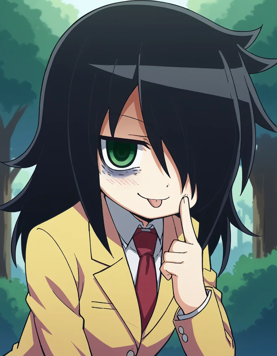 score_9, score_8_up, score_7_up, source_anime, <lora:tomoko-kuroki-s1-ponyxl-lora-nochekaiser:1>, tomoko kuroki, long hair, black hair, green eyes, hair over one eye, bags under eyes,, skirt, school uniform, necktie, blazer,, Natural settings, trees, rivers, sunlight, wildlife, smile, <lora:akanbe-ponyxl-lora-nochekaiser:1>, akanbe, eyelid pull, finger to eye, tongue out, :p, tongue, ;p, blush, leaning forward, bent over, from side,, looking at viewer, solo,, dutch angle, cowboy shot