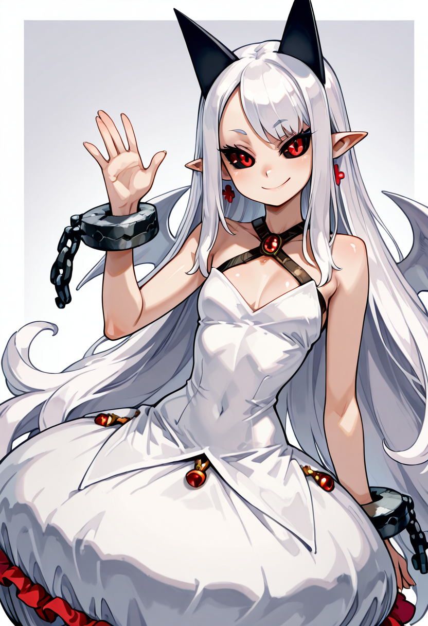 masterpiece, best quality, solo, curvy, beautiful eyes,  narrow waist, shiny skin,zzPram, 1girl, solo, long white hair, horns, pointy ears, red eyes, black sclera,,, jewelry, dress, bubble skirt, earrings, chain, bat wings, albino, shackles, criss-cross halter, ,<lora:PramPhantomKingdom_IXL_v1:1.0>, one hand raised, waving, standing pose, cowboy shot, smile,  looking at viewer,