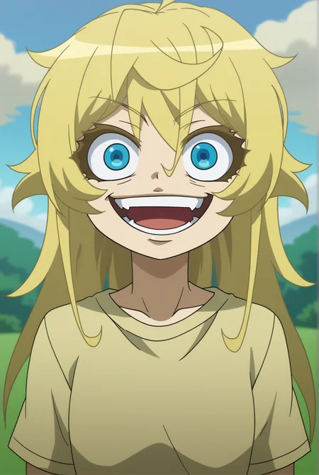 <lora:Tanya_Degurechaff:0.8>, outdoors, Tanya Degurechaff, 1girl, solo, long hair, looking at viewer, smile, open mouth, shirt, upper body, teeth, evil smile, crazy eyes, crazy smile,