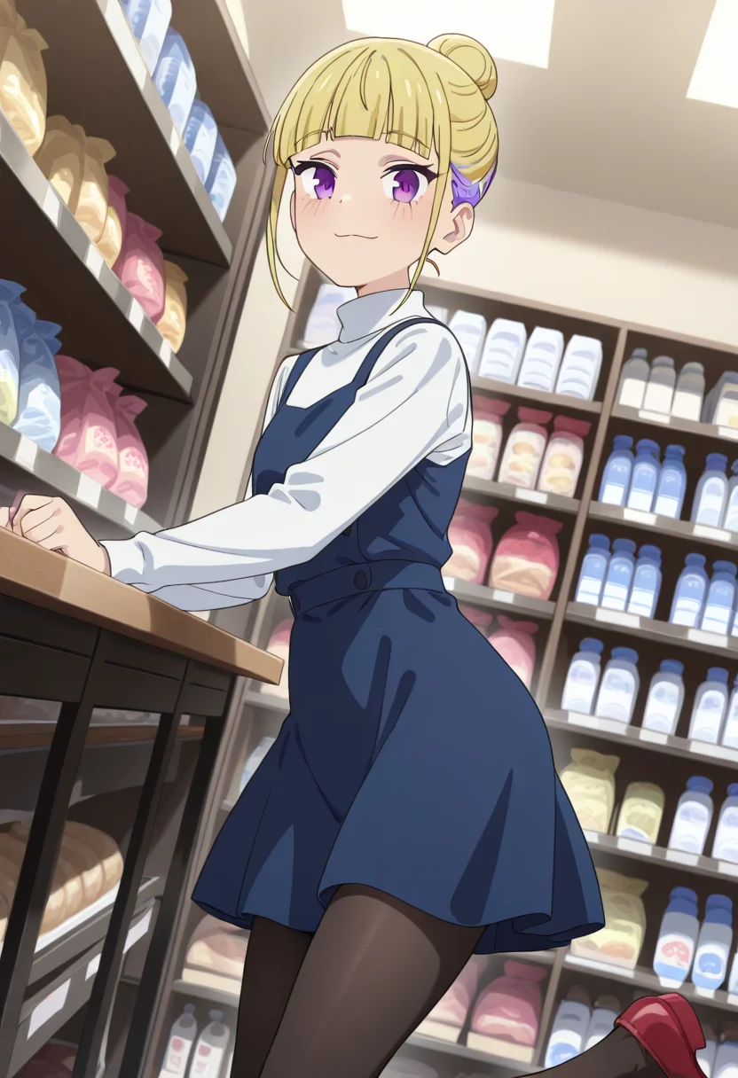 masterpiece,best quality,absurdres,perfect lighting,indoors,shop,shelf,
*//*,<lora:HealerGirl_ReimiItsushiro-Illustrious:1>,reimi_itsushiro,1girl,solo,blonde hair,single hair bun,colored inner hair,purple eyes,blunt bangs,white shirt,turtleneck,long sleeves,blue dress,pinafore dress,black pantyhose,shoes,red footwear,bangs,
*//*,looking at viewer,cowboy shot,dutch angle,dynamic pose,light smile,