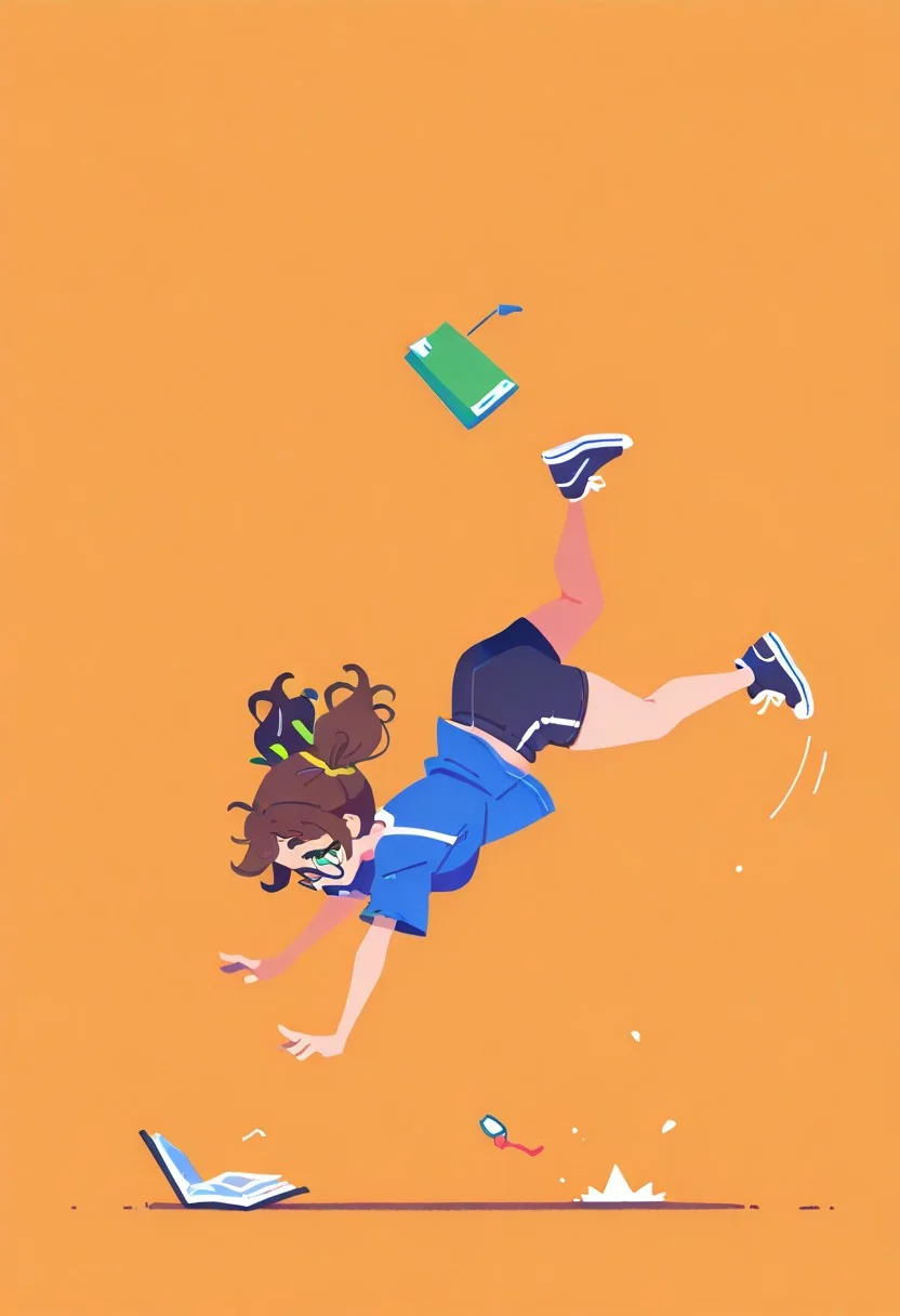 Masterpiece, high quality, ultra-detail, 8K resolution, sharp focus, 2d, (flat color, no lineart, Flatline, Flat vector illustration),
1 cute girl, tripping forward, faceplant, motion lines, dropping, side view,  chubby girl,  glasses, green eyes, dark brown hair, no bangs, pigtails, wavy hair, full body,