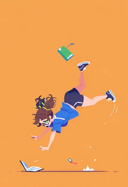 Masterpiece, high quality, ultra-detail, 8K resolution, sharp focus, 2d, (flat color, no lineart, Flatline, Flat vector illustration),
1 cute girl, tripping forward, faceplant, motion lines, dropping, side view, chubby girl, glasses, green eyes, dark brown hair, no bangs, pigtails, wavy hair, full body,