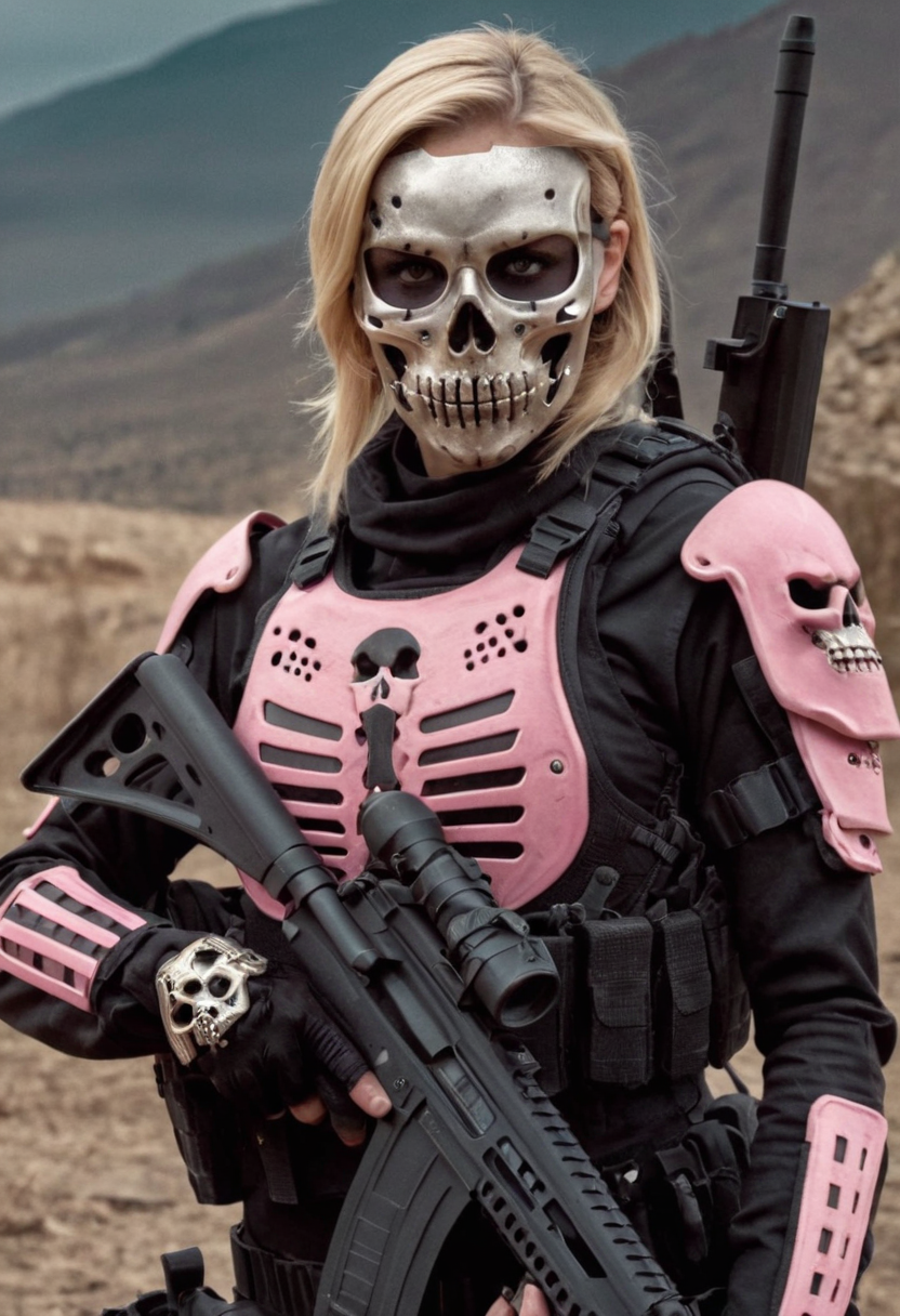 cinematic still D34THSQU4D, blonde woman wearing pink tactical gear, cute, girly, skull mask, armor, army, holding weapon, apocalypse war . emotional, harmonious, vignette, 4k epic detailed, shot on kodak, 35mm photo, sharp focus, high budget, cinemascope, moody, epic, gorgeous, film grain, grainy, D34THSQU4D, blonde woman wearing pink tactical gear, cute, girly, skull mask, armor, army, holding weapon, apocalypse war, holy, full exposed intricate, elegant, romantic, highly detailed, extremely fine detail, shining, sharp focus, divine illumination, cinematic, singular, dramatic, scenic, artistic, thought, elite, clear, crisp