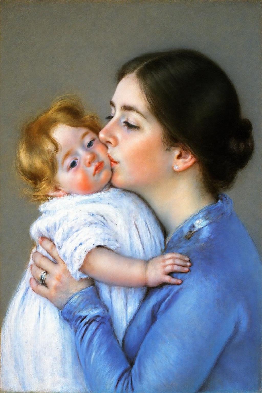 marycassatt1 painting.
A tender moment between a woman and a young child. The woman, with dark, neatly styled hair, is shown with a gentle, serene expression, her eyes closed as she tenderly kisses the child. She is dressed in a blue garment. 
 <lora:marycassatt1_cap_d6a3e17:1.0><lora:833897939802999614:0>