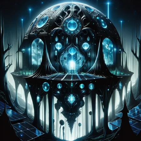hyper detailed masterpiece, dynamic, awesome quality,DonMT3chW0rldXL coven of the silver moon, metal cladding, bioluminescent fungi, black lights <lora:DonMT3chW0rldXL-000009:1>,