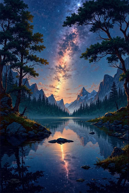 <lora:Vibrantly_sharp_style_v.3:0.8> VibrantlySharp style. 78. The Cosmic Reflection – A Celestial Night Over a Mirror-Like Lake