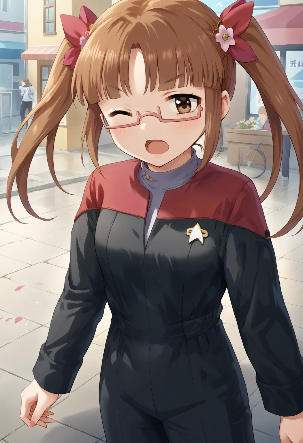 score_9, score_8_up, score_7_up, source_anime,ikebukuro akiha, brown hair, brown eyes, twintails long hair, semi-rimless eyewear, pink-framed eyewear, 1girl, solo, one eye closed, glasses, twintails, hair flower, flower, under-rim eyewear, hair ornament, open mouth,on a street of village,<lora:Ikebukuro_Akiha:0.8>
voyunf, red star trek uniform,red shoulders,long black sleeves,black pants,black jumpsuit,grey Vneck<lora:VoyPony>