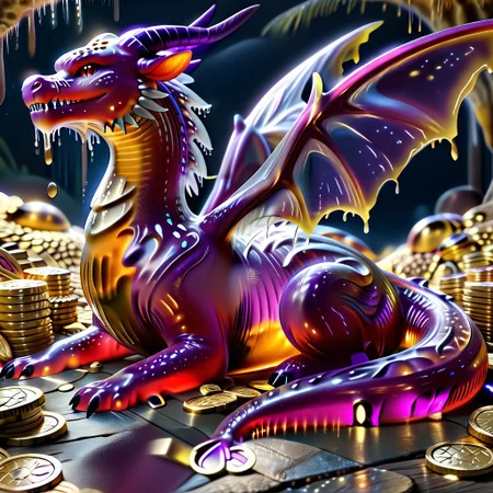 1dragon, highly detailed deep purple dragon, deep purple dragon made out of slime, scaly deep purple slime dragon, slime dragon with red eyes, deep purple slime dragon laying in its hoard, blue slime dragon with wings, dragon wings, detailed claws, detailed feet, detailed tail,
multi-colored gems made out of slime, in a room of treasure made out of slime, gold coins and bars made out of slime, piles of coins, piles of gold slime coins, piles of gold slime, tiny gold slime coins, 
treasure-room, treasure, gemstone, coins, gold bars, gold pile, 
everything made of slime, No simple background,
((translucent slime)), ((transparent slime)), (bioluminescent slime), sl1m3, slime, ais-blmn, watce, je11y, thickwater, great lighting, ral-lava, even lighting, no bright spots, saturated colors,