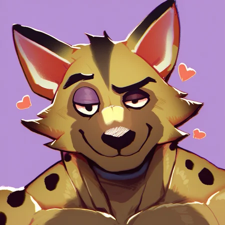 score_9, score_8_up, score_8, furry, Kyle, hyena, cartoon style, 2d, muscular male, upper body focus, face close up, solo, looking at viewer, smile, half closed eyes, one eyebrow raised, hearts, purple background