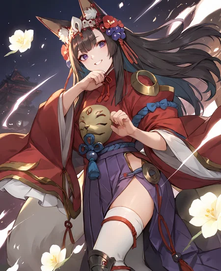 score_9,score_8_up,score_7_up,source_anime,rating_safe BREAK masterpiece,highres,best quality,high quality,dramatic angle,cinematic lighting,1girl,kindergarten uniform,<lora:ShadowverseGinsetsu_Pony_V3:0.86>,black hair,hair ornament,animal ears,purple eyes,tassel,looking at viewer,gold trim,red kimono,wihte shirt,layered dress,clothing cutout,wide sleeves,long sleeves,smile,parted lips,mask,sash,hair flower,fingernails,potrait,covering mouth,raised eyebrows,night,from below,holding,fox,animals,head tilt,hakama,purple skirt,thighhighs,armored boots,