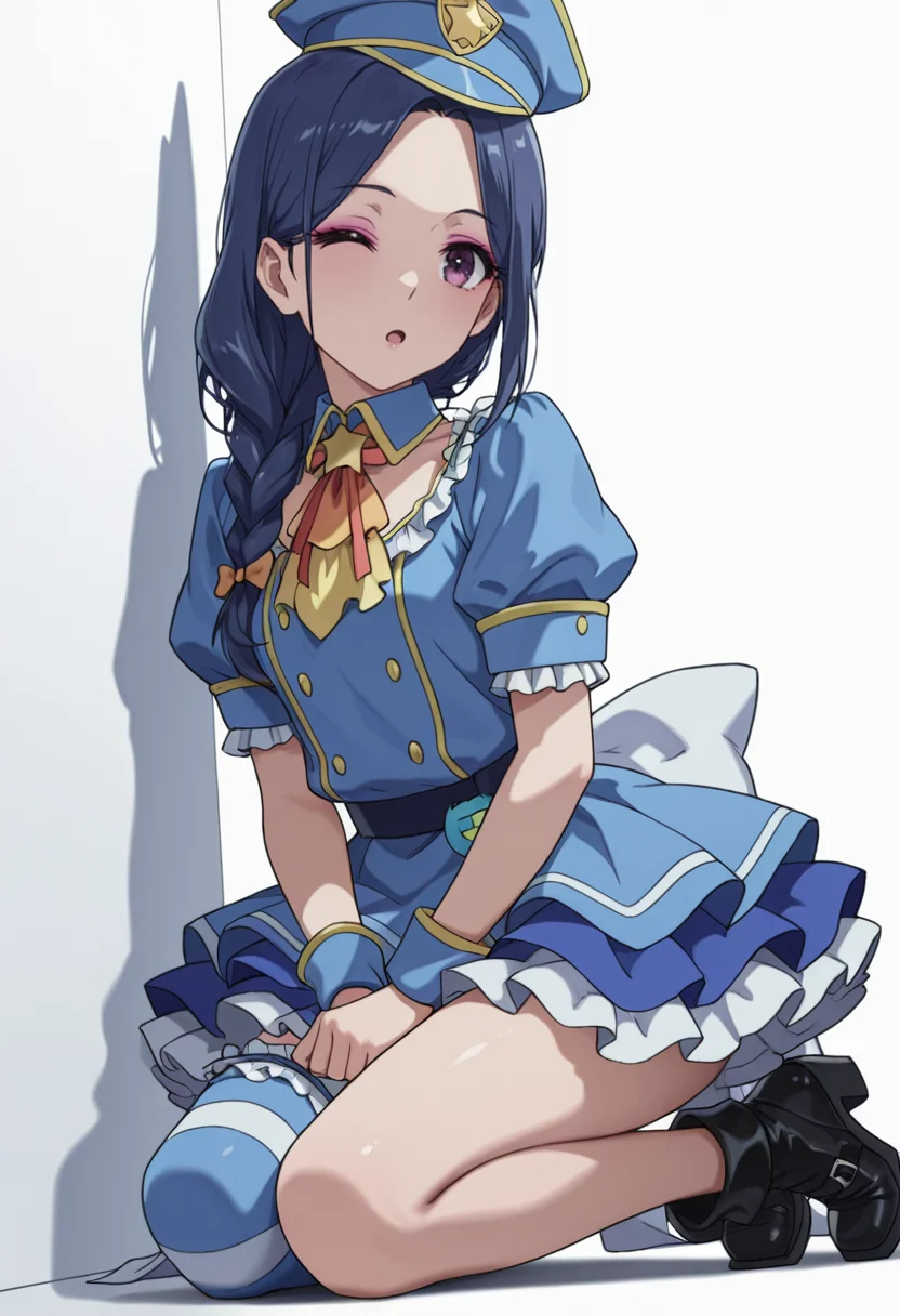 Smooth Quality,masterpiece,very intricate, high quality details, ultra realistic, high detailed skin,detailed enviorement,absurdres,
<lora:Nerula:0.8> nerula_cnr, 1girl,blue hair, long hair, single braid, purple eyes, makeup, eyeshadow,police hat, blue dress, frilled dress,puffy short sleeves, detached collar, ascot, wrist cuffs, blue skirt,single thighhigh, black footwear, striped clothes,bow, ribbon,, simple background, white background, sideways,solo,
kneeling on floor, thighs together, hands resting on lap, spine straight ,, ;o,