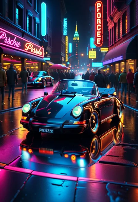 ispzxll, diorama, isometric, miniature, volumetric lighting style, intricate details, wide angle, all-black porsche convertible car, wet pavement, crowded busy city street, nightclubl scene, neon signs, reflective surfaces, glossy, 8k