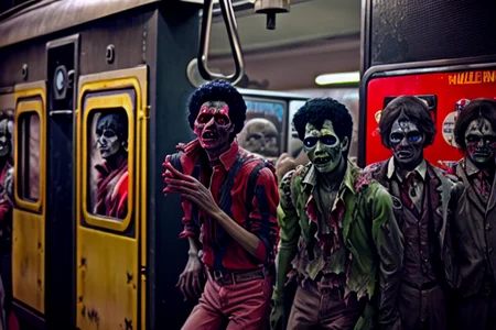 mjthriller zombies waiting for a train in a metro subway station, intricate detail, detailed face, very sharp, high quality, professional photography <lora:hjmjthriller_v10-000003:0.8>