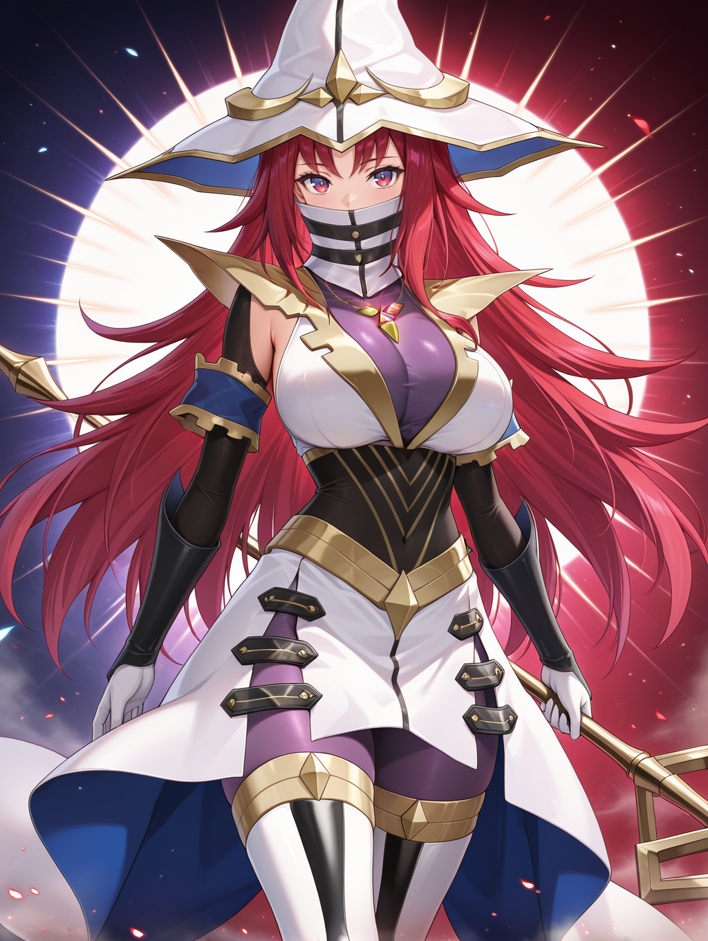 beyond the pendulum, 1girl, staff, solo, white wizard hat, holding staff, large breasts, looking at viewer, covered mouth, red theme, blue theme, high collar, multicolored elbow gloves, multicolored thigh boots, standing, white dress, purple bodysuit, crystal necklace
masterpiece,best quality,amazing quality,very aesthetic,absurdres,newest,<lora:Beyond the Pendulum illuXL v1:0.75>,