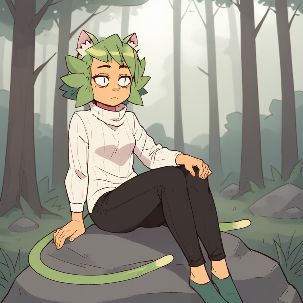 Ugly Ugly score_9_up, score_8_up, BREAK, lu, 1girl, solo, green hair, short hair, cat ears, black eyes, slit pupils, turtleneck sweater, long sleeves, black pants, cat tails, sitting on rock, forest, expressionless,   <lora:Lu_Randowis_PXL_Leaf2:1>