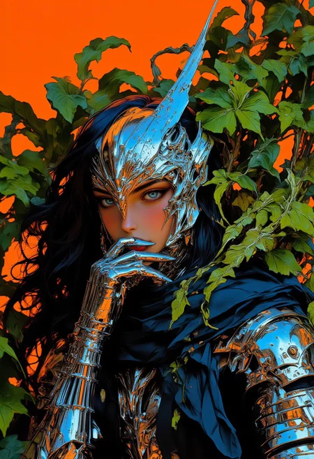 High-quality digital artwork featuring a young woman in a striking midshot, adorned in avant-garde fashion with futuristic elements. She wears a chrome protective piece, designed with sharp, angular lines and reflective surfaces, blending the sleek sophistication of sci-fi with the elegance of knight’s armor. Her long, dark hair flows freely, partially concealed beneath a sculptural helmet that evokes both futuristic and medieval design. The helmet’s metallic silver gleams under soft lighting, contrasting with her fair skin, subtly flushed with a gentle blush. Her vivid blue eyes and bold red lips add a mysterious allure, while her right hand is raised to her lips, suggesting contemplation. The background features surreal green vegetation with twisting vines and lush leaves, set against a vibrant orange backdrop. This surreal growth juxtaposes with the sleek chrome armor, symbolizing the fusion of nature and technology. Drawing inspiration from artists like H.R. Giger and modern sci-fi aesthetics, the piece incorporates intricate textures and bold contrasts, creating an otherworldly atmosphere. The composition’s dramatic lighting highlights the subject’s face and armor, enhancing the theme of strength and mystery, while exploring the intersection of organic growth and futuristic power, encapsulating elegance, contemplation, and technological allure in one captivating, cinematic image.