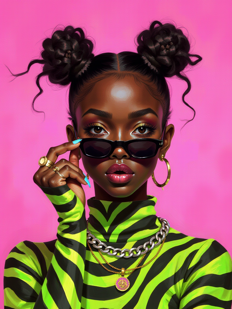 A striking painterly speed-painting, a close-up of a stylish ethiopian woman posing against a pink background. She is wearing a neon green and black zebra-striped turtleneck top, paired with a thick silver chain necklace. Her hair styled in multiple bantu knots, adding texture and edge to their look. They are holding small, narrow black sunglasses just below their eyes, giving the pose a confident, playful vibe. The individual also wears gold hoop earrings, several gold rings, and has nails painted in a light blue shade with minimal nail art. The lighting is soft and even, emphasizing the vibrant colors and patterns in the outfit. The image is styled in a modern, streetwear-inspired fashion editorial manner.
