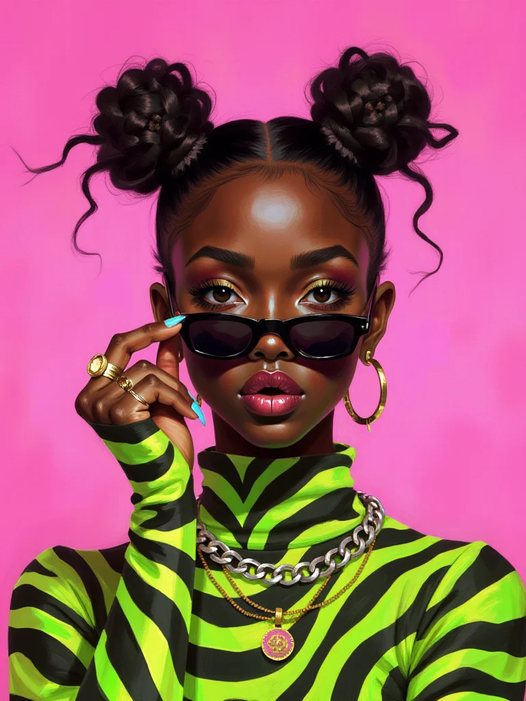 A striking painterly speed-painting, a close-up of a stylish ethiopian woman posing against a pink background. She is wearing a neon green and black zebra-striped turtleneck top, paired with a thick silver chain necklace. Her hair styled in multiple bantu knots, adding texture and edge to their look. They are holding small, narrow black sunglasses just below their eyes, giving the pose a confident, playful vibe. The individual also wears gold hoop earrings, several gold rings, and has nails painted in a light blue shade with minimal nail art. The lighting is soft and even, emphasizing the vibrant colors and patterns in the outfit. The image is styled in a modern, streetwear-inspired fashion editorial manner.