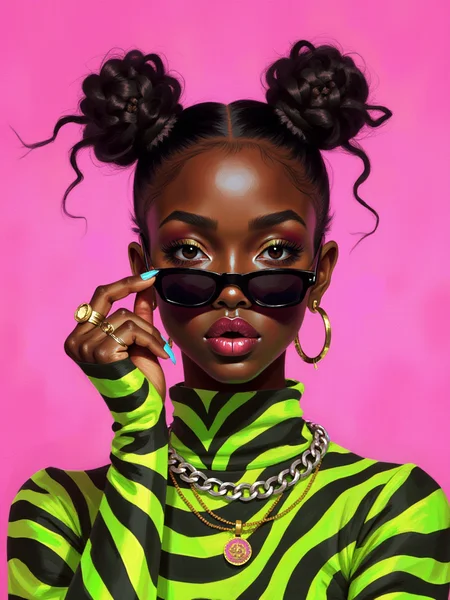 A striking painterly speed-painting, a close-up of a stylish ethiopian woman posing against a pink background. She is wearing a neon green and black zebra-striped turtleneck top, paired with a thick silver chain necklace. Her hair styled in multiple bantu knots, adding texture and edge to their look. They are holding small, narrow black sunglasses just below their eyes, giving the pose a confident, playful vibe. The individual also wears gold hoop earrings, several gold rings, and has nails painted in a light blue shade with minimal nail art. The lighting is soft and even, emphasizing the vibrant colors and patterns in the outfit. The image is styled in a modern, streetwear-inspired fashion editorial manner.