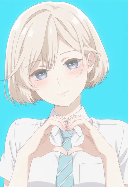 anime screencap, anime coloring, <lora:DX888Niina:1> sugawara niina, blue eyes, blonde hair, short hair, BREAK simple background,  blue background,  BREAK  school uniform, white shirt, striped necktie, skirt BREAK   1girl, blush, breasts,  hands up, (head tilt:1.2), heart hands, looking at viewer, portrait, solo, upper body,  4-finger heart hands, smile