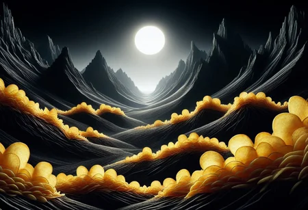 A photorealistic image of a massive open landscape made out of potato chips, intricate details, dramatic composition, tension, contrast, texture, realism, high quality, stunning art, volumetric lighting, detailed, intricate, simple black background,