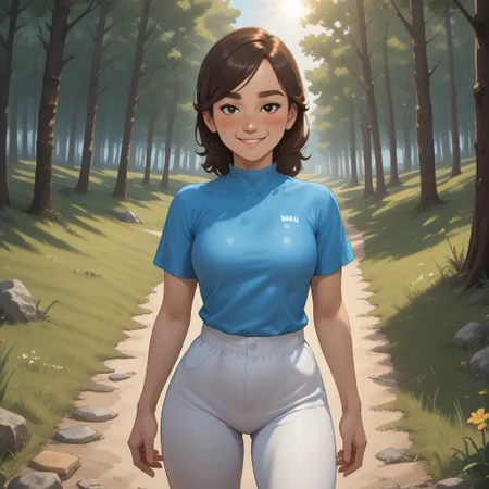 score_9, score_8, BREAK, solo, mii, wii, wii sports, female mii, 1girl, cute, brown hair, brown eyebrows, black eyes, blush, cyan clothing, white pants, shoes, Hiromi_(Wii_Sports), breasts, nintendo mii, modern_mii, classic_mii, sexy pose, smile, outdoors, sunlight, shadows, evening lighting, natural lighting, forest, trees, grass, orange sky, sunset