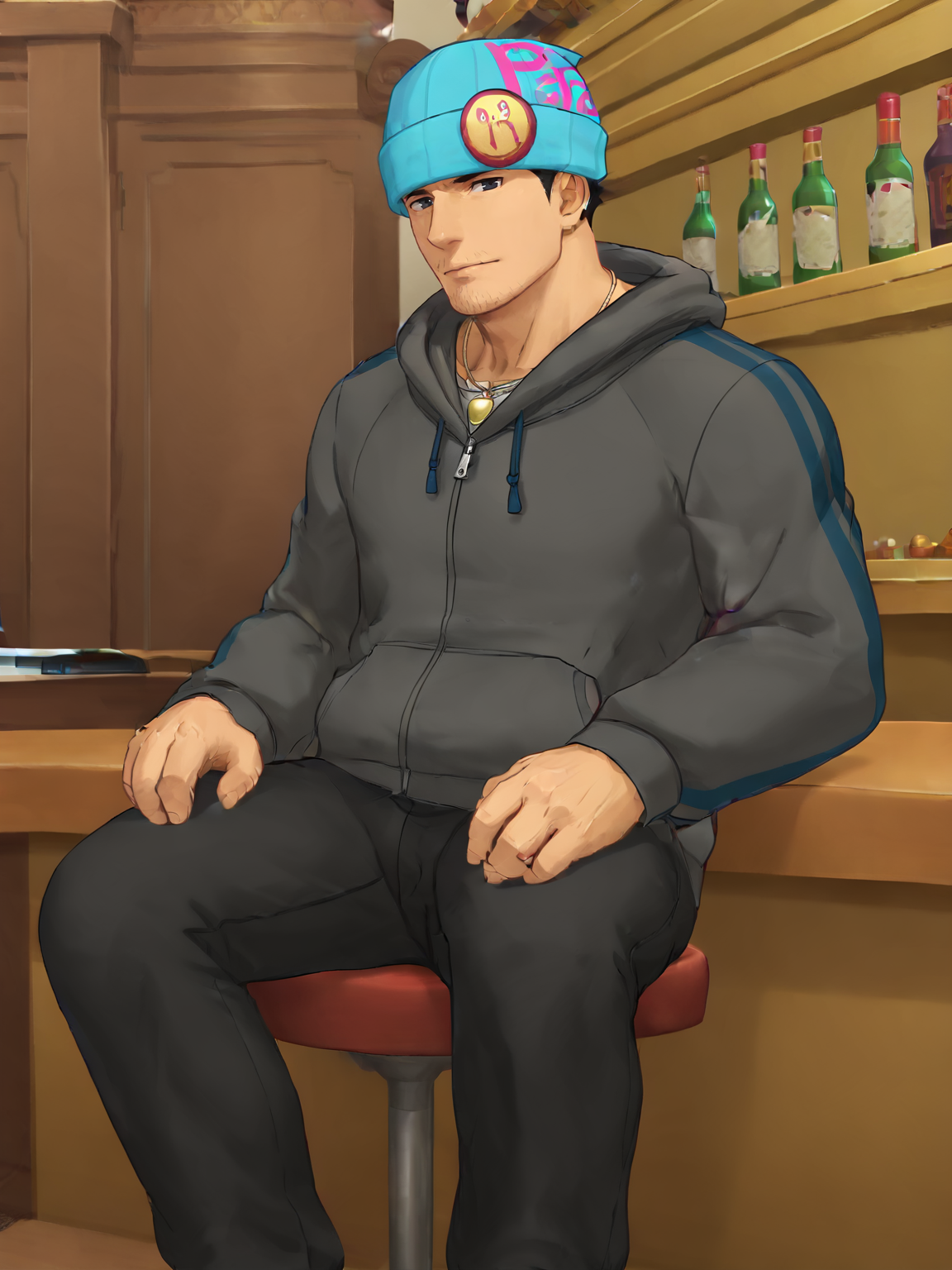 score_9, score_8_up, score_7_up, masterpiece, hires, 4k, best quality, amazing quality, best aesthetic, absurdres, ((official art, game screencap)),
NSFW, 1boy, solo male, full body, manly, bara, handsome, mature male,
<lora:Phoenix_Wright_Ace_Attorney_4:0.8> h0b0nick, black hair, black eyes, facial hair, stubble, hoodie, beanie,
bar, dim lighting, piano, sitting, feet out of frame, stool,
