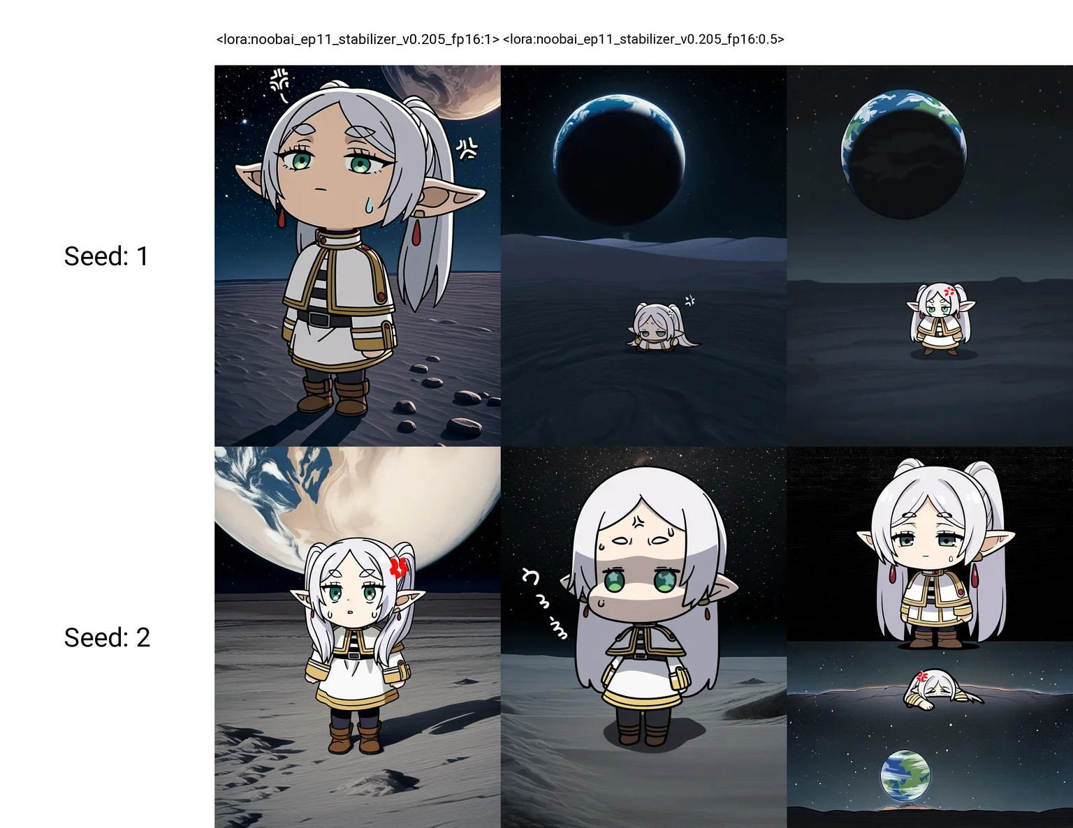 <lora:contract_controller_illus01_v1:0.1><lora:noobai_ep11_stabilizer_v0.205_fp16:1>1girl,green eyes,white hair,frieren,anger vein,chibi,standing on the moon,full body,sweatdrop,exhausted,Earth in background,black background,stars in sky,masterpiece,