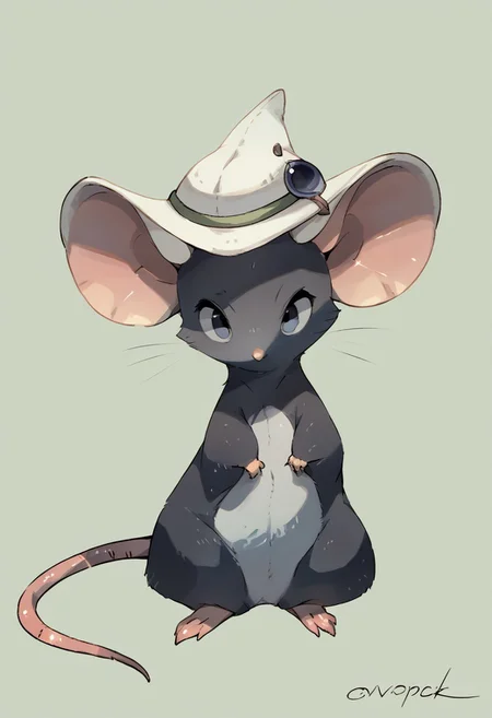 (source_anime, source_furry, score_9:1), no humans, mouse, feral, solo female, hat, looking at viewer, simple background, watercolor \(medium\)