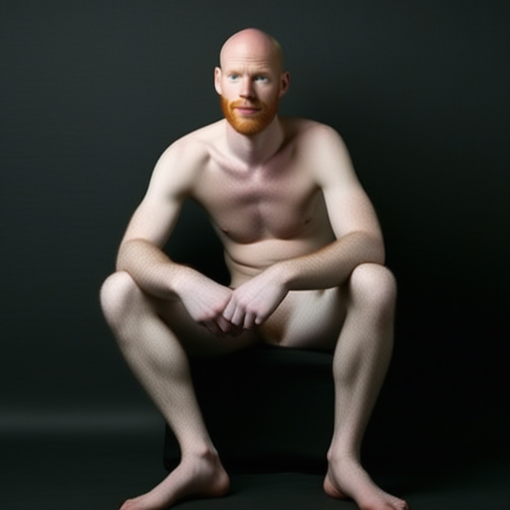 Tall bald ginger man sitting.