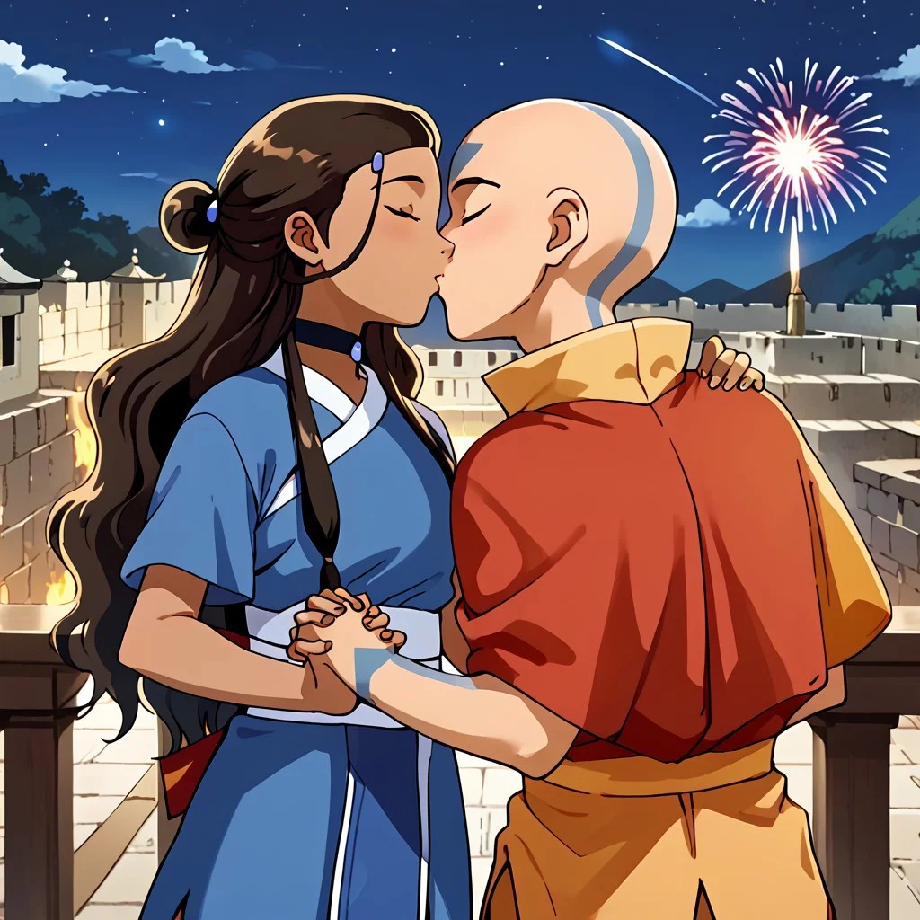 score_9, score_8_up, score_7_up, score_6_up, score_5_up, source_anime, rating_safe, best quality, extremely detailed, highres, perfect detailed, 8k, masterpiece, parody (InuYasha style), absurdres, official art, official style, InuYasha artstyle, anime coloring, retro style, flat shadows, anime screencap
BREAK Aang and Katara Together, standing
Break Katara, Hairloops, 1girl, long hair, blue eyes, brown hair, black hair, hair ornament, hairclip, dark skin, dark-skinned female, choker, short sleeves, robe, blue robe, sash, BREAK 1boy, Aang, Bald Aang, Airtunic, bald, blue-arrow forehead tattoo, tattoos, yellow pants, orange capelet, orange belt, holding hands, eyes closed, kissing on the mouth, robes
BREAK outdoors, Ba Singe Se, balcony, night sky, stars, fireworks