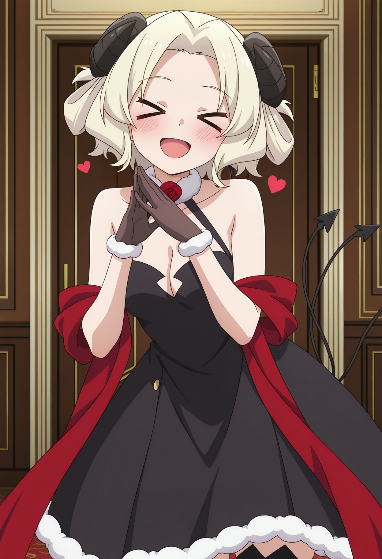 highres, best quality, masterpiece, indoors,
1girl, solo, sl300pec, short hair, blonde hair, horns, > <,  multiple tails, demon tail,
black dress, fur trim, halterneck, rose, bare shoulders, cleavage, sleeveless, gloves, red shawl, thigh strap,
anime screencap,
looking at viewer, blush, smile, open mouth,
standing, own hands together, leaning to the side, hands up, heart,
<lora:_pecora_slime300-elesico-ilxl-000014:1>
