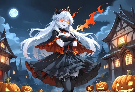 (masterpiece), (score_9, score_8_up, score_7_up,source_anime), 4K8K, 
(from front), misty, steam, fog, Floating Halloween pumpkins, 
halloween, halloween fantasy, 
Japanese cute woman, (solo), (Glossy skin, pale skin:1.3),  vampirequeen, (crossed arms, pigeon-toed), burning pumpkin, (dark aura:1.4), (smirk, half-opened mouth, Canine, tooth, fang1.2), 
(medium figure:0.9), (pointy breasts:1.1), 
(white hair, verry long hair), (red glowing eyes, slanted eyes:1.2), 
(wearing vampire cos, dress, makeup, red and black dress, zettai ryouiki, thighhighs:1.2), 
(BloforMB, red theme, scenery at dark night:1.3), elf ears,