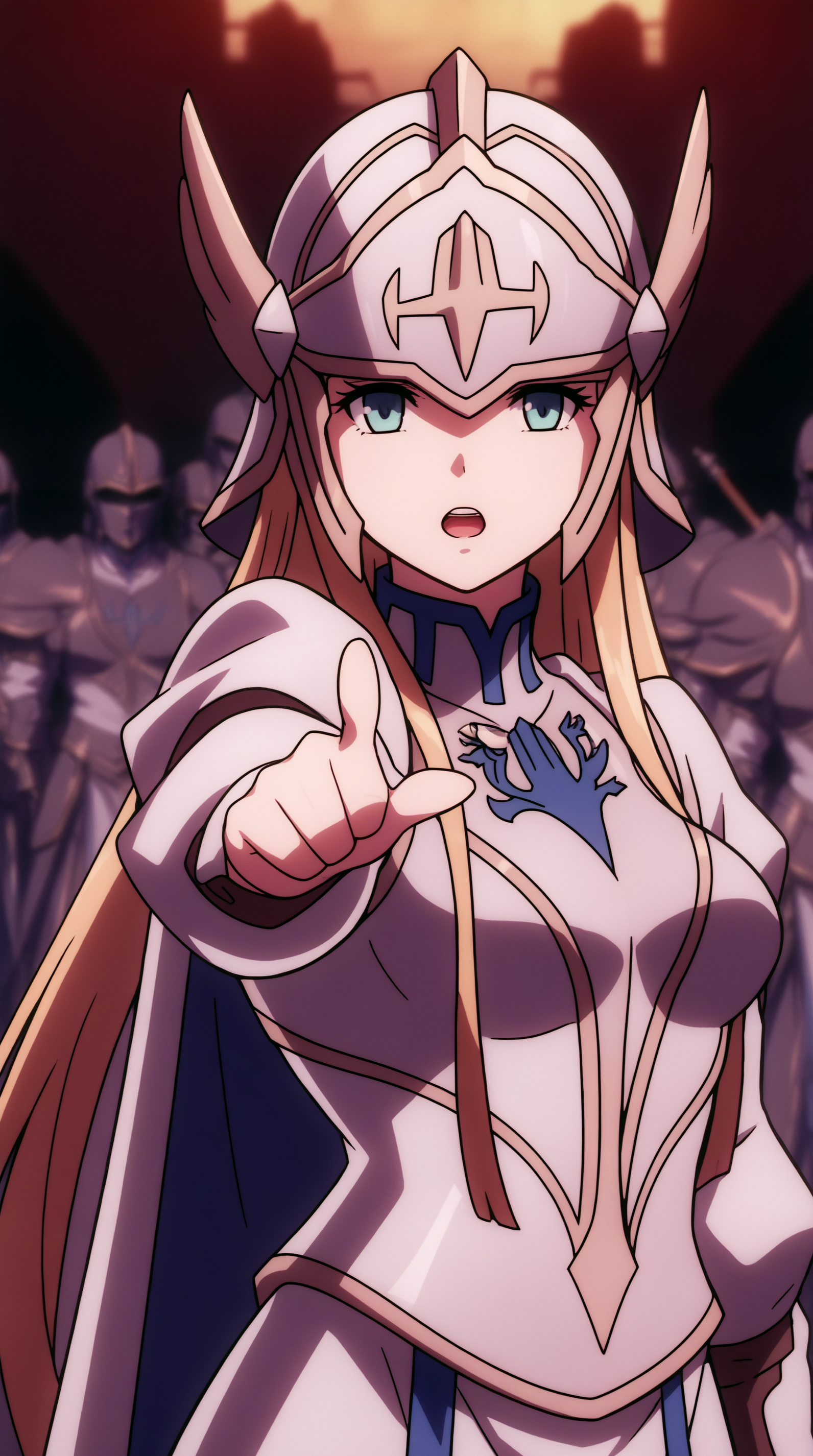 score_9, score_8_up, score_7_up, best background, detailed background, 4k, upscale, anime_source,  Calca Bessarez, Main Outfit, looking at viewer, open mouth, solo focus, blurry, armor, helmet, pointing, pointing at viewer, knight, helm, winged helmet  <lora:JN_Calca_Bessarez_Pony:0.8>
