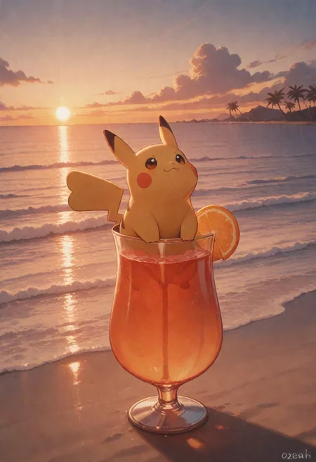 masterpiece, by piaki,  best quality, very detailed, 
Outdoor, sea, beach in background, palmtrees formong a heart, ozean, sunset, lovey dovey place, pikachu drinking a cocktail,